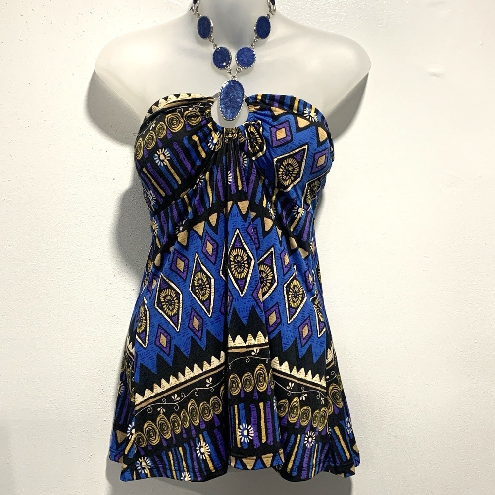 Y2k DOTS Strapless Boho-Tribal Pendant Necklace Tie Blue Top Women's Size M